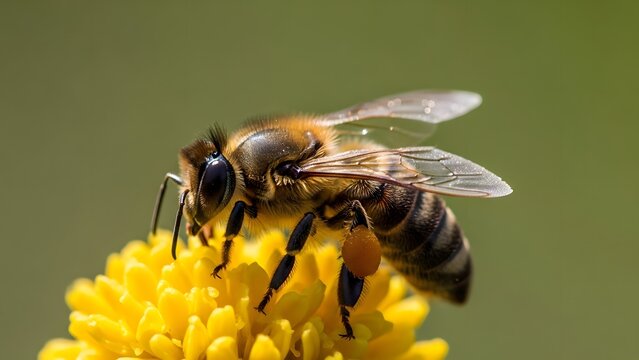 Honeybee collecting pollen on yellow flower with blurred green nature background - Powered by Adobe