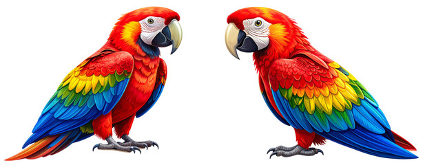 Vibrant Macaw Parrot Illustration in Full Side Profile, Bright Feathers, Isolated on White Background