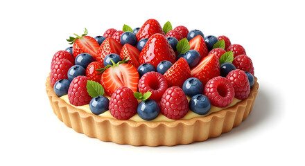 Delicious berry tart with fresh strawberries, raspberries, and blueberries
