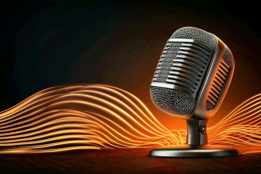 Illustration of a studio microphone with sound waves, ideal for podcasting.