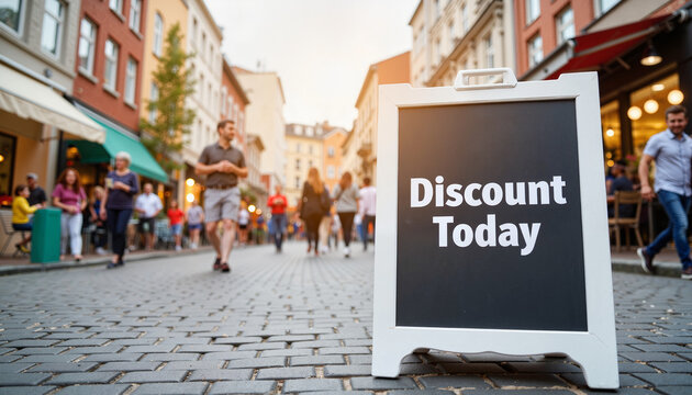 Casual shoppers passing discount sign in city market, retail promotion
