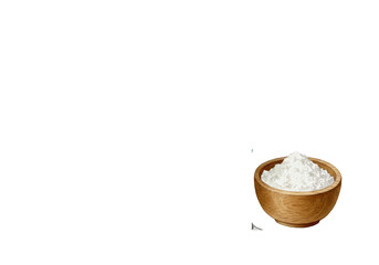 Detailed watercolor still life: rustic teal ceramic mixing bowl filled with all-purpose flour, metal whisk, wooden bowl, and measuring spoon on a transparent studio surface, soft shadows. Serene home