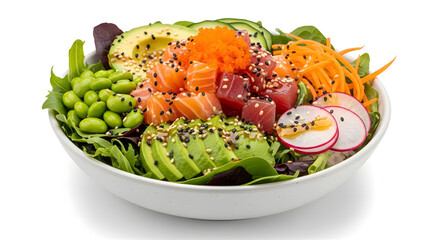 Healthy poke bowl with fresh vegetables and sliced salmon