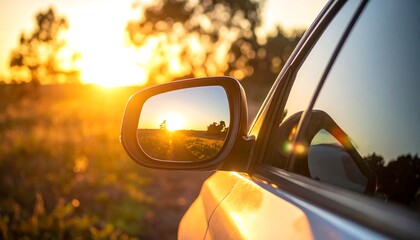 Sunny day, a side mirror view of the golden hour