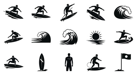 Obraz premium Geometric Abstract Surfing Silhouettes: Thrilling Wave Rides and Beach Icons