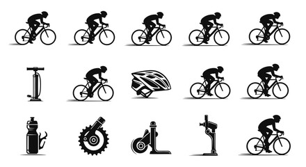 Naklejka premium Modern Black Vector Silhouettes for Cycling, Mountain Biking, and Gear