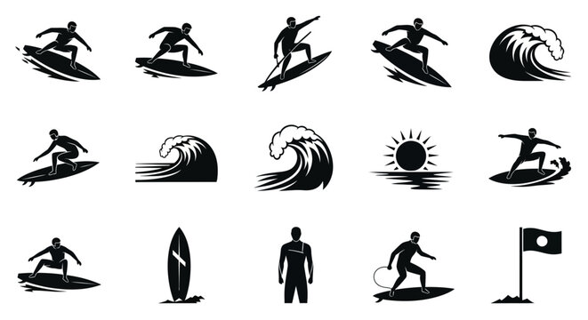 Geometric Abstract Surfing Silhouettes: Thrilling Wave Rides and Beach Icons