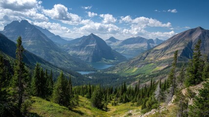 Fototapeta premium Scenic panoramic view of glacier national park mountains, lush green valleys, and pristine alpine lakes under clear blue sky during summer, showcasing breathtaking natural landscape and outdoor advent