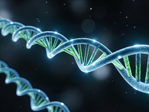 Abstract 3D rendering of a DNA double helix structure, symbolizing genetics, science, and life's building blocks in a futuristic, glowing, and detailed visualization of molecular biology