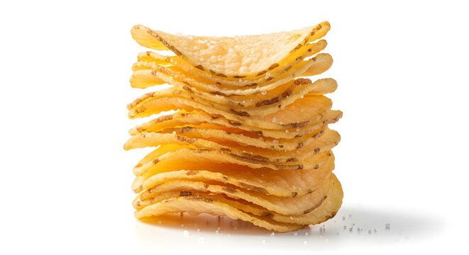 Stack of crispy potato chips with sea salt on white background