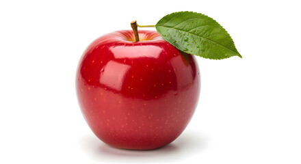 Fresh red apple with green leaf on white background