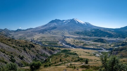 Scenic panoramic view of mount saint helens with lush forests and volcanic crater under clear blue sky in washington, usa