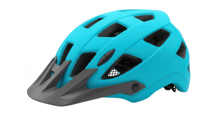 Modern Cyan Mountain Bike Helmet With Visor On Black Background