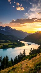 Scenic landscape featuring a river, mountains, and sunset sky