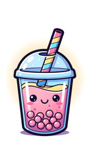 Cute cartoon bubble tea cup with colorful straw and smiling face
