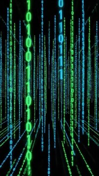 Digital matrix effect with bright green and blue binary code raining on a dark background