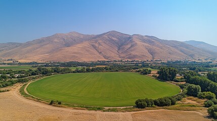 Rural valley, circular field, mountains