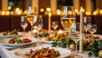 Elegant holiday dining with festive table setting, Christmas celebration