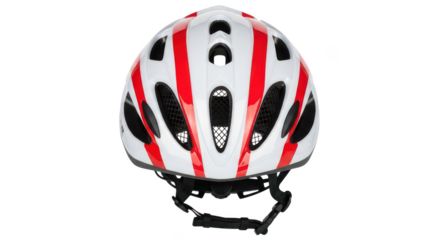 Modern White And Red Bicycle Helmet Isolated On Black Background