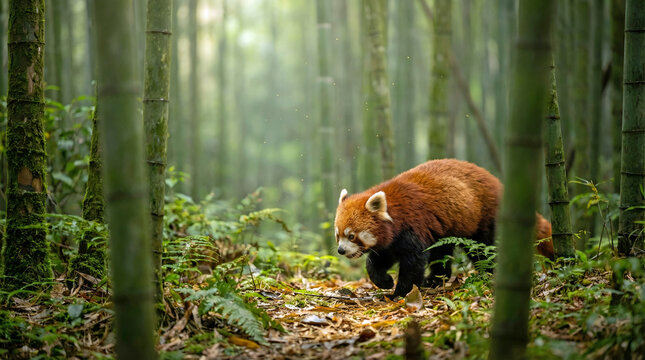 red panda walking softly through serene bamboo forest with warm light - Powered by Adobe