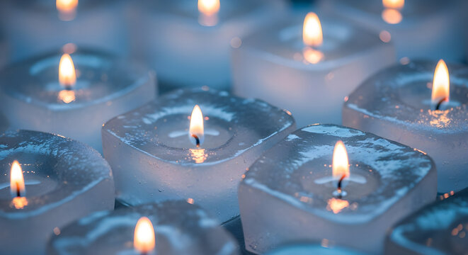 Warm romantic yellow light of three burning wax candles on a black background for a Christmas celebration