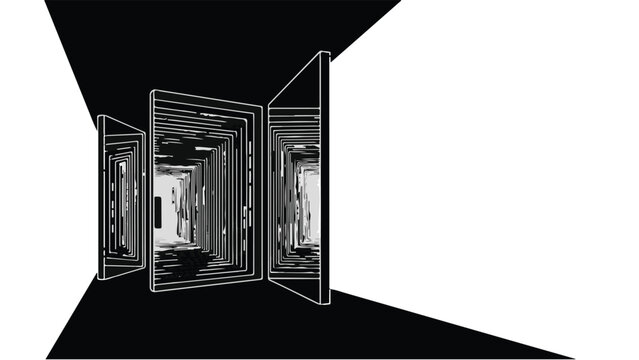 Abstract architectural perspective of repeating doorways leading into infinite darkness
