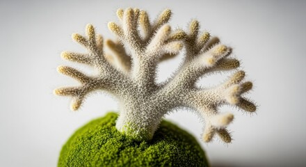 Delicate branched coral on a vibrant mossy sphere creates a unique natural art piece showcasing oceanic lifeforms and botanical textures