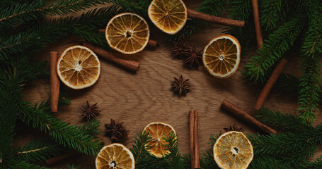 Top view christmas composition with spruce branches and natural decorations