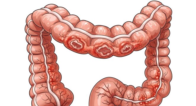 Illustration of a Colon with Diverticulitis and Inflammation.