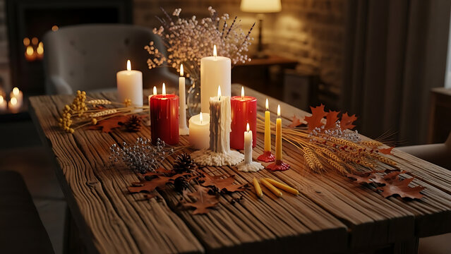 Cozy autumn or winter scene with a rustic wooden table decorated with burning candles of various sizes and colors, surrounded by dried leaves, wheat, pinecones, and delicate branches. Warm, inviting a - Powered by Adobe