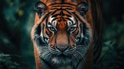 A majestic tiger in a dense jungle setting, with green foliage and dark shadows.