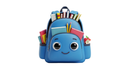 Cheerful blue backpack filled with books pencils and an apple perfect for back to school promotions and educational content creation on transparent background