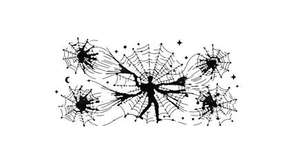 Obraz premium Silhouette of a person entangled in a vast, intricate spider web under a starry night sky.