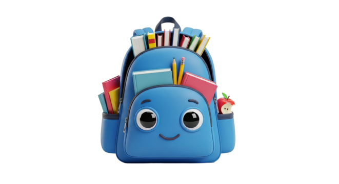 Cheerful blue backpack filled with books pencils and an apple perfect for back to school promotions and educational content creation on transparent background