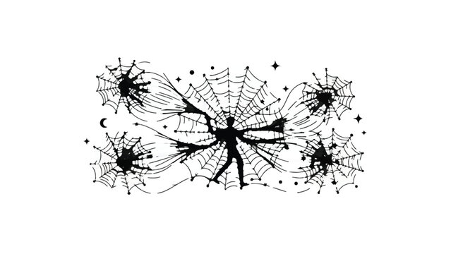 Silhouette of a person entangled in a vast, intricate spider web under a starry night sky.