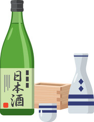 瓶に入った日本酒と徳利、おちょこ、升