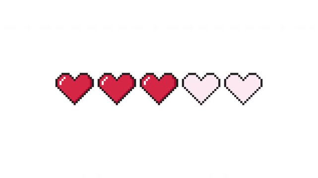 Animated heart progress bar showing a sequence of hearts that transition between filled and unfilled states with smooth minimal motion representing changing emotional progress prores alpha channel 4k 