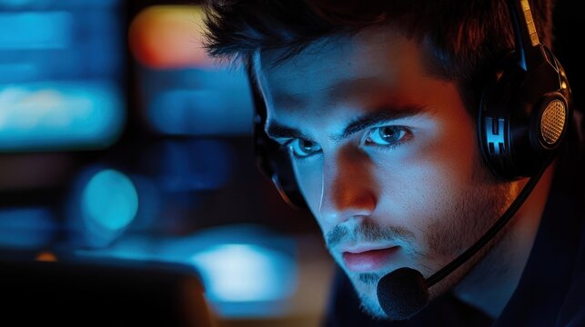 A man wearing headphones and a headset, focused on a computer screen in a dimly lit room with blue and red lights.