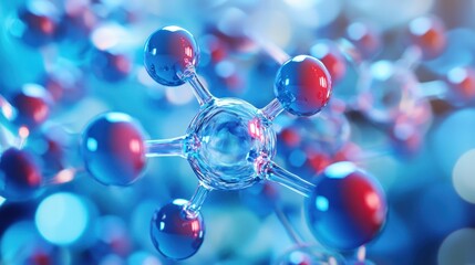 A molecular structure with red and blue spheres connected by glass rods against a blue and white background.