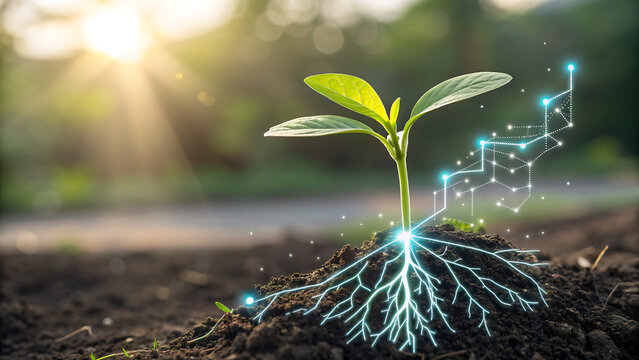 A young plant growing from the soil, symbolizing growth, investment, and business success, with a digital graph overlay representing financial growth