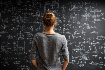 Student focused on complex math equations written on a blackboard in a classroom setting during the day