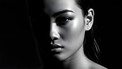 Dramatic black and white portrait of a woman with intense expression