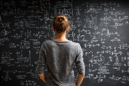 Student focused on complex math equations written on a blackboard in a classroom setting during the day