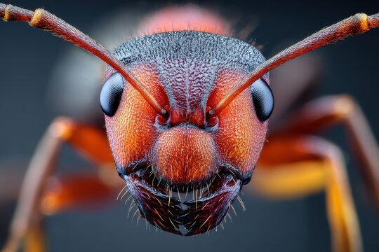 Close-up view of a red ant showcasing intricate details of its head and eyes in a dark background
