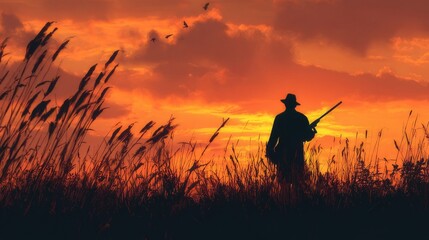 Silhouette of a hunter with shotgun standing on a hilltop against a vibrant sunset sky over rolling wilderness landscape