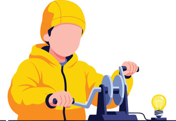 Vector Illustration of Child in Yellow Jacket and Hat Operating Hand Crank Generator with Light Bulb in Modern Cartoon Style
