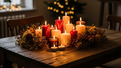 Warm and inviting holiday scene featuring a rustic wooden table adorned with burning candles of different shapes and sizes, surrounded by dried flowers and festive decorations. Soft bokeh lights in th