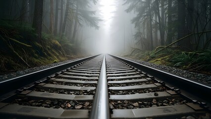 Railway tracks leading through a dense forest with a misty atmosphere