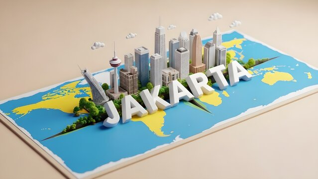 Miniature cityscape model with detailed buildings and world map display
