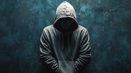 A hooded figure standing against a textured, dark blue background.